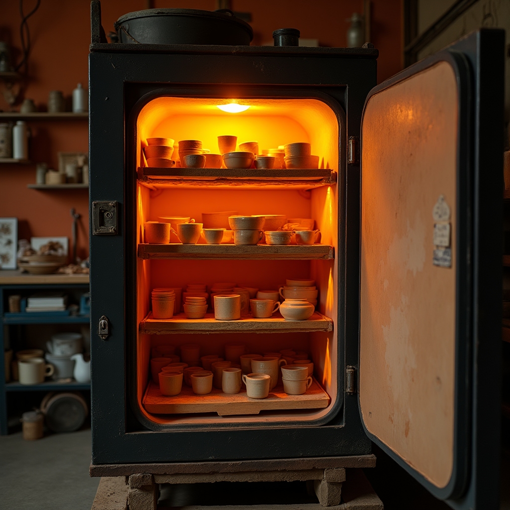 Keramikstücke im Brennofen, bereit für den Brand